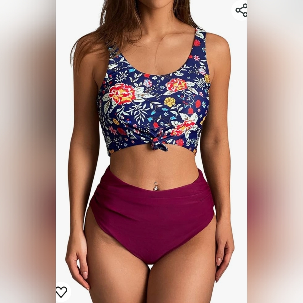 Zaful Bikini Set Navy Floral Top Burgundy High Waist Bottoms size S
